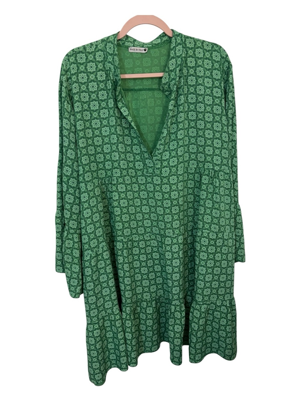Green Patterned V-Neck Women’s Dress